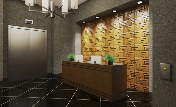受付は小さなビジネスセンターです 閉鎖空間だ ステンレス製のエレベーターのドア コンクリートと木のパネルの壁 3Dレンダリング — ストック写真