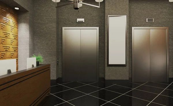 受付の様子 モニター付きの大きな秘書机 訪問者のための白い革のソファ エレベーターホール3Dレンダリング モックアップ 空の絵画 — ストック写真