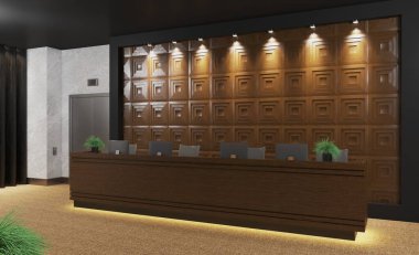 Hastanedeki resepsiyon. Doktorla randevun var. Kaldırın. modern tasarım / 3D görüntüleme.