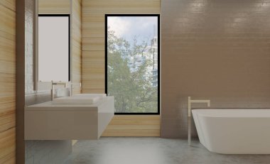 Büyük, modern tavan arası tarzı banyo. Mermer fayans. 3B görüntüleme.