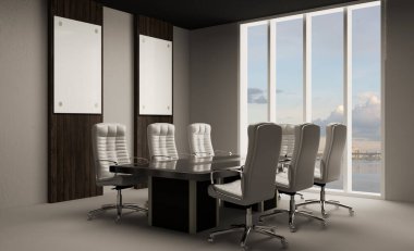 Büyük bir penceresi ve duvarlarında tahta paneli olan toplantı odası. Büyük masa ve ofis sandalyeleri... 3 boyutlu resimler... boş. Model.