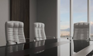 Büyük bir penceresi ve duvarlarında tahta paneli olan toplantı odası. Büyük masa ve ofis sandalyeleri... 3D görüntüleme.