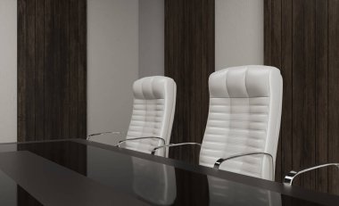 Büyük bir penceresi ve duvarlarında tahta paneli olan toplantı odası. Büyük masa ve ofis sandalyeleri... 3D görüntüleme.