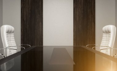 Duvarlarında tahta paneller olan bir ofis dolabı. Şirket liderleriyle toplantı... 3 boyutlu sunum...