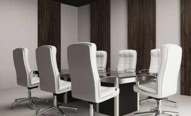 Duvarlarında tahta paneller olan bir ofis dolabı. Şirket liderleriyle toplantı... 3D görüntüleme.