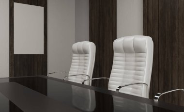 Büyük bir penceresi ve duvarlarında tahta paneli olan toplantı odası. Büyük masa ve ofis sandalyeleri... 3 boyutlu resimler... boş. Model.