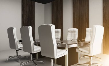 Duvarlarında tahta paneller olan bir ofis dolabı. Şirket liderleriyle toplantı... 3 boyutlu sunum...