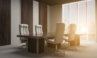 Duvarlarında tahta paneller olan bir ofis dolabı. Şirket liderleriyle toplantı... 3 boyutlu sunum...