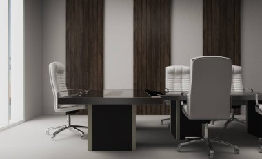 Duvarlarında tahta paneller olan bir ofis dolabı. Şirket liderleriyle toplantı... 3D görüntüleme.