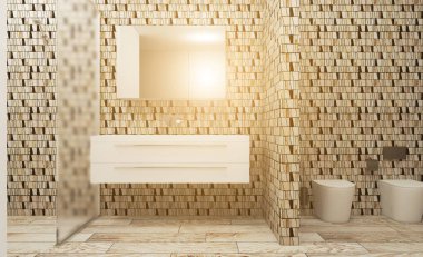 Doğal ışığı olan temiz ve taze bir banyo. 3B görüntüleme... günbatımı.