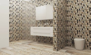 Doğal ışığı olan temiz ve taze bir banyo. 3B görüntüleme.