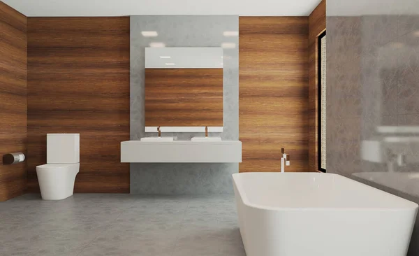 Badezimmer Holz Täfelungen Wände Modern Waschbecken Marmor Boden Rendering — Stockfoto