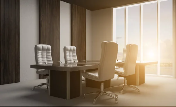 Büroschrank Mit Holzvertäfelung Den Wänden Treffen Mit Unternehmensführern Rendering Sonnenuntergang — Stockfoto