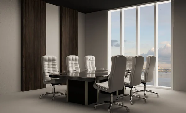 有一个大窗户和墙壁上有木板的会议室 大型桌椅和办公椅3D渲染 图库图片
