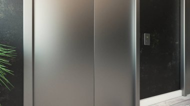 Büyük pencereli lobi. İş merkezinde resepsiyon. Asansör kapıları. Dekoratif koyu duvarlar... 3D görüntüleme