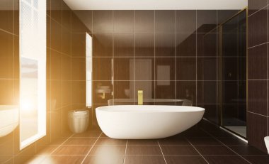 Geniş bir banyo, ısıtmalı zemini ve serbest küveti var. 3B görüntüleme.