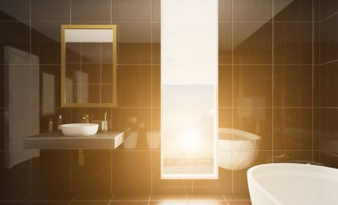 Geniş bir banyo, ısıtmalı zemini ve serbest küveti var. 3B görüntüleme.