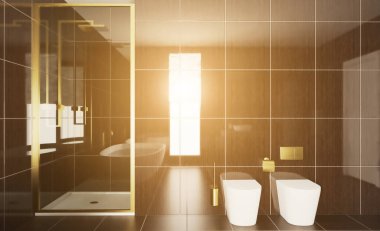 Doğal ışığı olan temiz ve taze bir banyo. 3B görüntüleme.