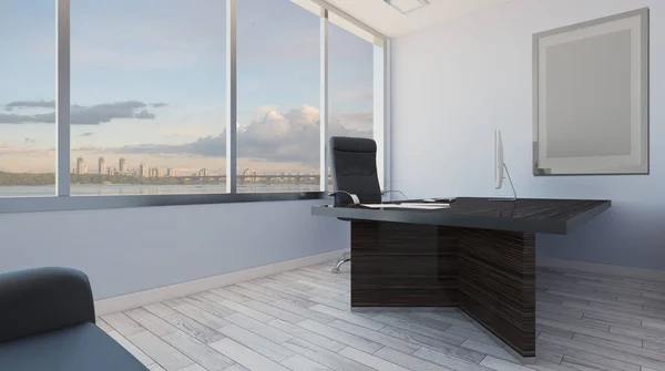 Head office with a large window. modern furniture.. 3D rendering. Empty paintings