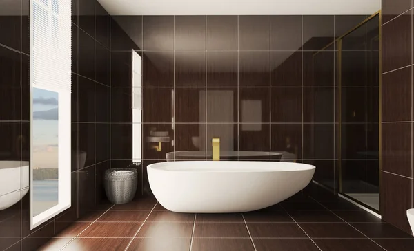 Ruime Badkamer Grijze Tinten Met Verwarmde Vloeren Vrijstaand Bad Weergave — Stockfoto