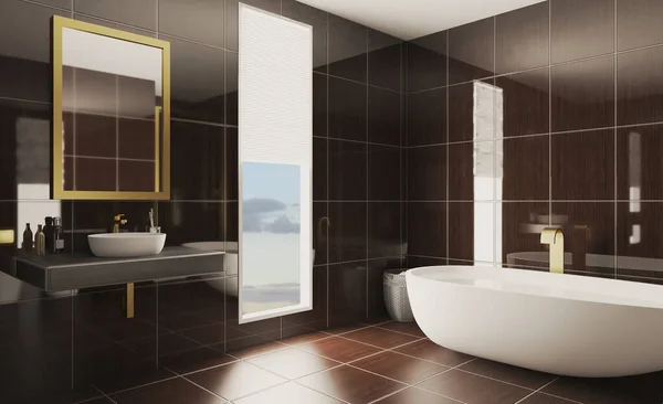 Geniş bir banyo, ısıtmalı zemini ve serbest küveti var. 3B görüntüleme.