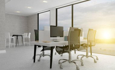 Buluşma odası grinin gölgesinde. Açık alan. Harika bir ofis. Gün batımı. 3B görüntüleme