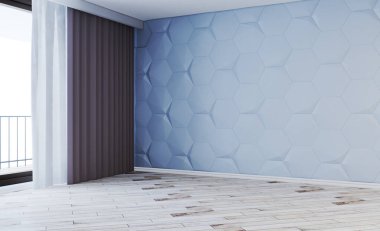 Geniş pencereli boş ofis alanı. Madalyalı duvarlar. Çatı katı tarzı ve minimalizm.