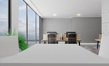 Toplantı salonunun manzarası. Masa ve sandalyeler. Beton duvarlar. Açık alan. 3B görüntüleme