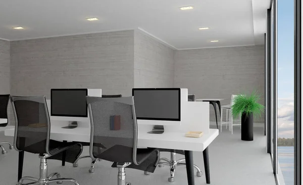 会议室里灰蒙蒙的 开放的空间 大办公室 3D渲染 — 图库照片