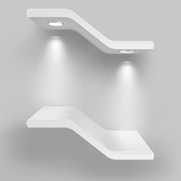 Estantes de exposición con fuentes de luz. Ilustración aislada sobre fondo gris — Vector de stock
