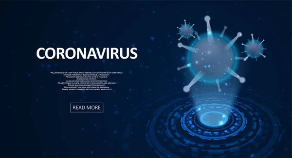 파란색 배경에 코로나 바이러스의 홀로그램 치명적 종류의 바이러스 Covid 세계적으로 — 스톡 벡터