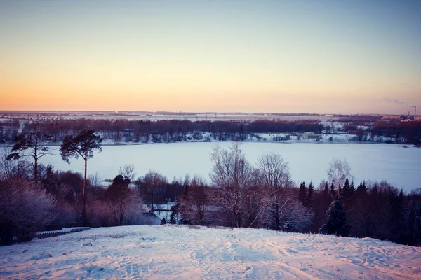 Pôr Sol Inverno Montanha Região Leningrado — Fotografia de Stock