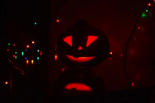Abóbora Halloween Iluminada Dentro Por Uma Vela Cera — Fotografia de Stock