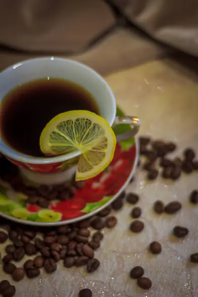 Café Nature Morte Arôme Café Fort Une Tasse Café Grains — Photo