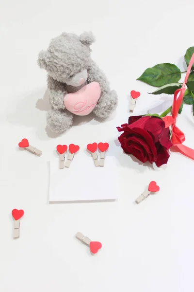 Orso, valentino e rosa su fondo bianco — Foto Stock
