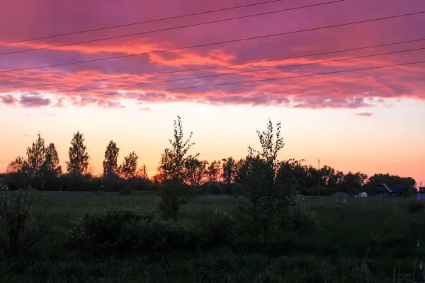 Ungewöhnlicher Sommersonnenuntergang Auf Einem Feld Einem Dorf — Stockfoto