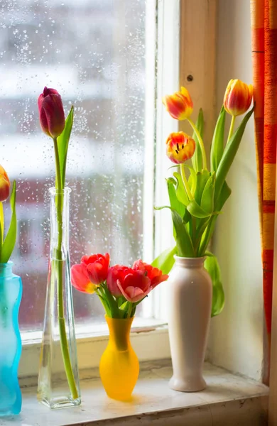Tulipes Dans Vase Sur Rebord Fenêtre — Photo