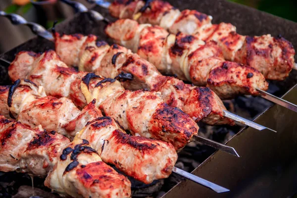 Espetos Carne Com Cebolas Espetos Conceito Cozinha — Fotografia de Stock