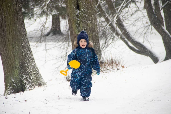 Petit Garçon Marchant Dans Parc Saison Hiver — Photo