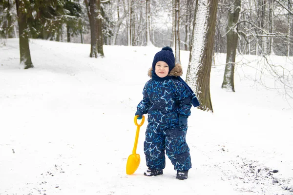 Little boy on a walk in the Park in winter. Winter park. A boy in winter overalls. Snow in the Park . — Stock Photo, Image