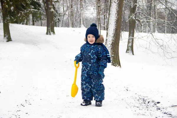 Little boy on a walk in the Park in winter. Winter park. A boy in winter overalls. Snow in the Park . — Stock Photo, Image