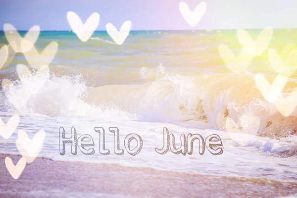 Banner hallo Juni. Meer. Meereswelle. Sommer. sonniges Wetter. neue Saison. — Stockfoto