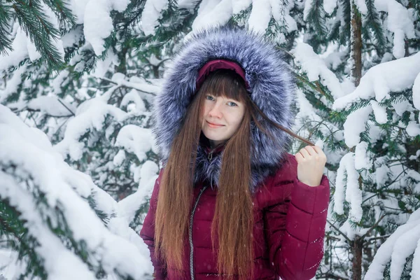 Girl in a coat on the background of snow-covered trees . . Girl winter on stroll. Winter fairy tale. Christmas trees in the snow — Stock Photo, Image