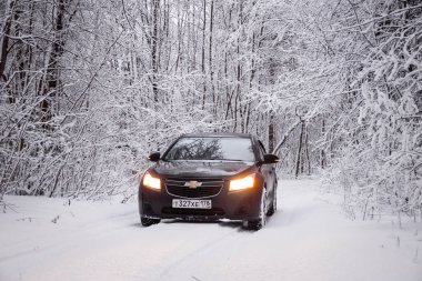 Doğada kışın araba şehir dışında seyahat konsepti.