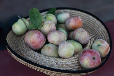 kırmızı sulu elma ile hasır şapka