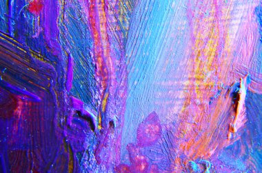 Yağlıboya Resim parçası. Sanat parçası. Tuval üzerine resim. Pastos yayma. Parlak renkler. Mavi, mor, sarı, koyu kırmızı