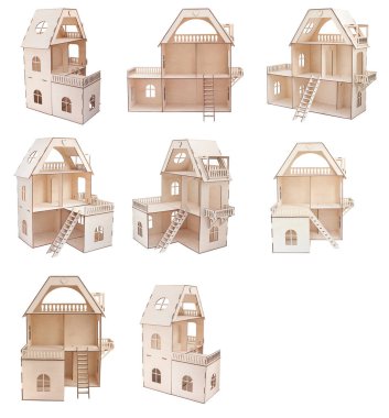 Beyaz arka planda ağaçtan güzel bir ev.