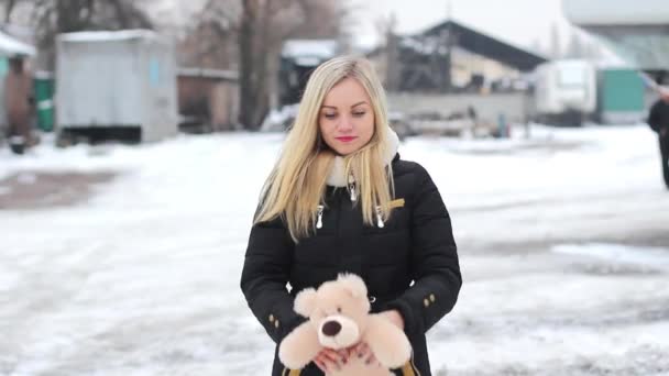 Girl With a Teddy Bear — Stock Video