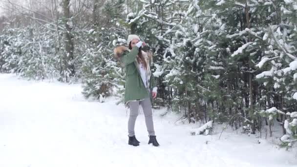 在白雪皑皑的森林里的女孩 — 图库视频影像