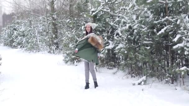 在白雪皑皑的森林里的女孩 — 图库视频影像